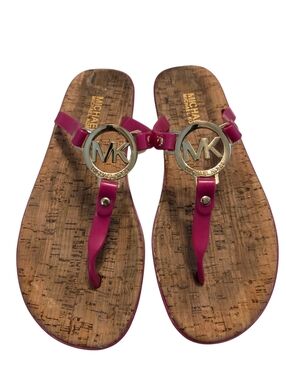 Michael‎ Kors MK Charm Jelly Sandals Logo Cork Thong Flip Flops Pink Size 8